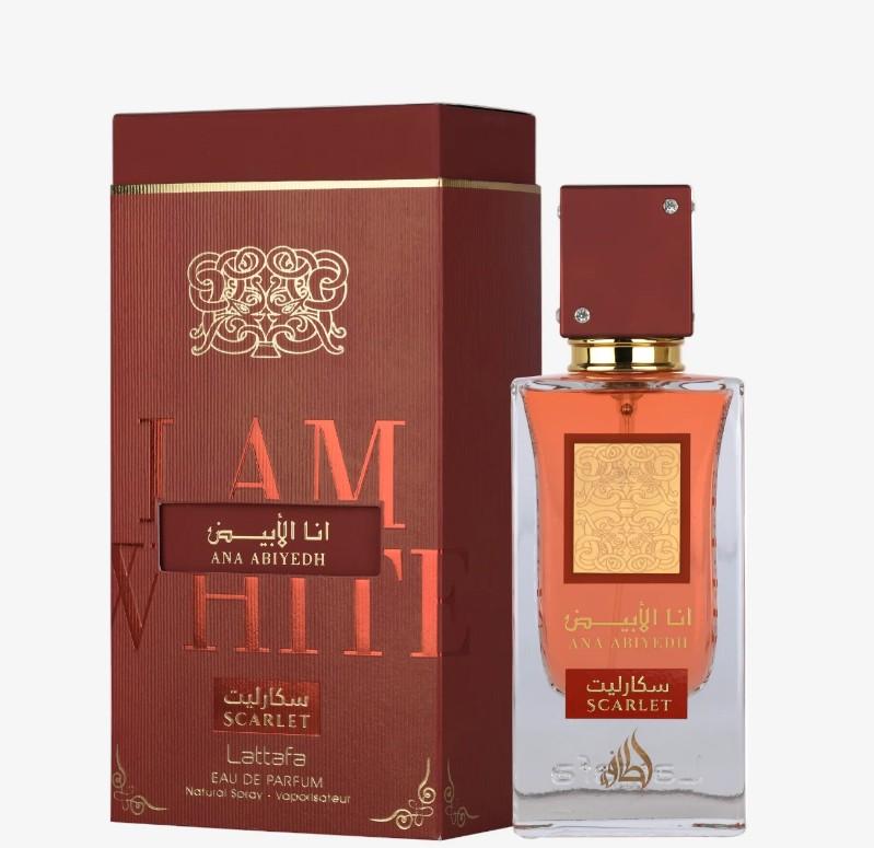 Lattafa Ana Abiyedh Scarlet Eau de Parfum Spray for Unisex 60ML - Top Notes Black Cherry and Pink Pepper - Middle Notes White Rose & Peony - Base Notes Patchouli & Crystal Caramel Sugar