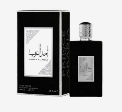 Lattafa Asdaaf Ameer Al Arab Alcohol-Base Unisex EDP Fragranced Perfume Spray - 3.4 fl oz (100ml) Bottle, Bold Arabian Aromas, Honeysuckle Exotic Blend, Adult Everyday Wear Fragrance Perfumes